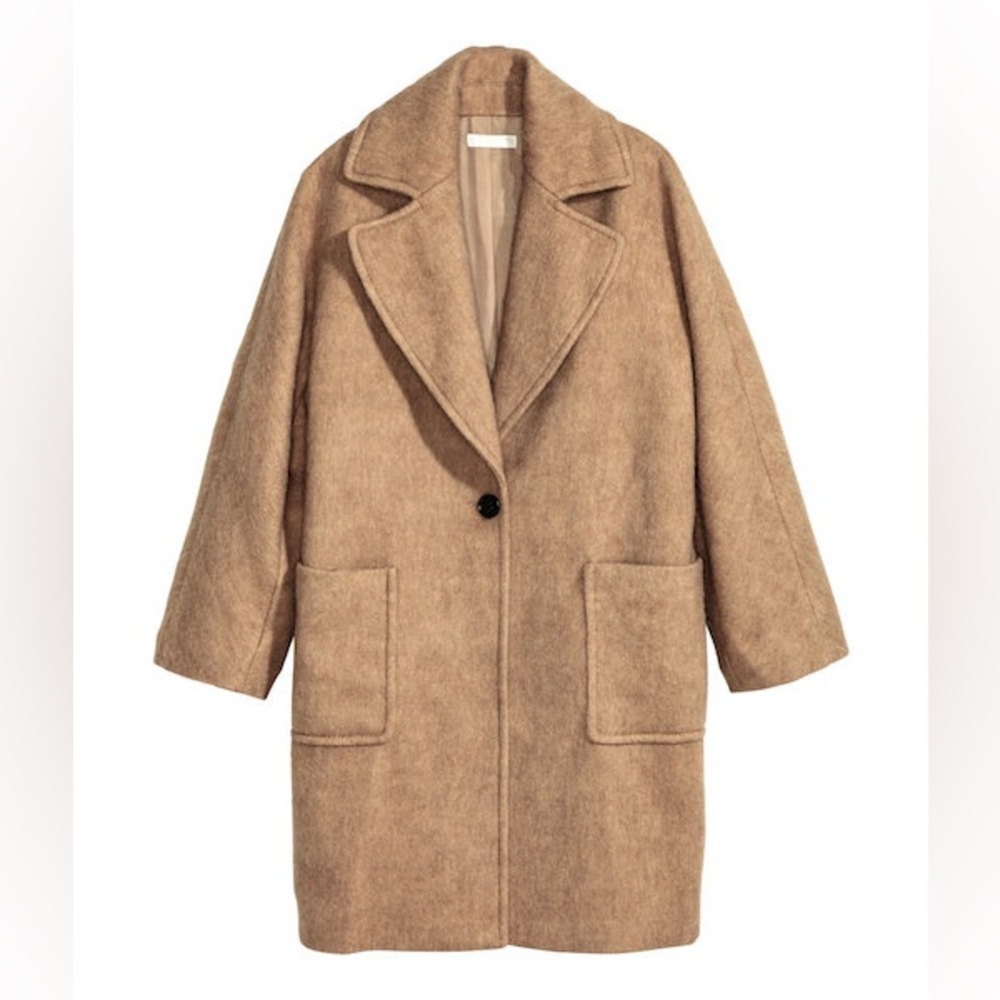 HM Tan Camel Wool Blend Cocoon Coat with Patch Pockets